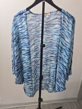 C Sheer Wave-Print Kimono in Aqua and Navy